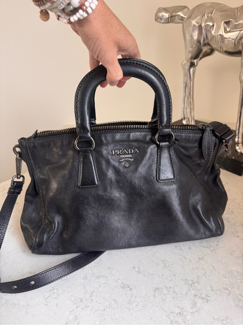 Prada Black Leather Satchel with Top Handles and Shoulder Strap